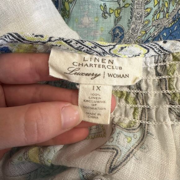 Charter Club Linen Paisley Peasant Top 1X White Blue Green 3/4 Sleeve Resort‎ - Picture 2 of 8